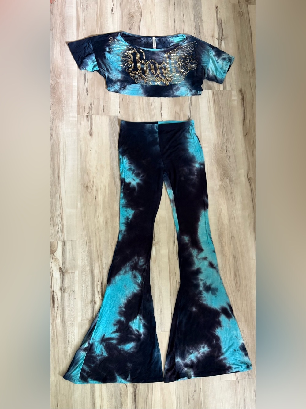 Pinklicious Black & Teal Tie-Dye Flared Leggings & Cropped Tee Set